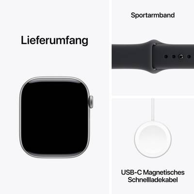 Lieferumfang der Smartwatch: Sportarmband, USB-C Magnetisches Schnellladekabel.