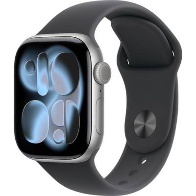 Eine Smartwatch mit einem schwarzen Armband und einem hellen digitalen Display, auf dem abstrakte Formen auf dem Bildschirm zu sehen sind.