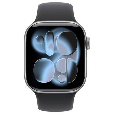 Eine Smartwatch mit einem schwarzen Armband, die ein abstraktes blaues und schwarzes geometrisches Muster auf ihrem Bildschirm zeigt.