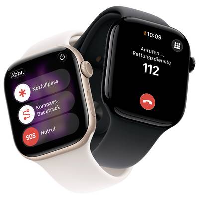 Zwei Smartwatches mit Notfallfunktionen; links wird eine SOS-Option angezeigt, rechts ist ein laufendes Gespräch mit den Notruf-Diensten unter '112' zu sehen.