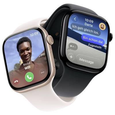 Zwei Smartwatches mit unterschiedlichen Bildschirmen: Eine zeigt einen Videoanruf mit 'Will', die andere präsentiert eine Nachrichtenkonversation auf Deutsch.