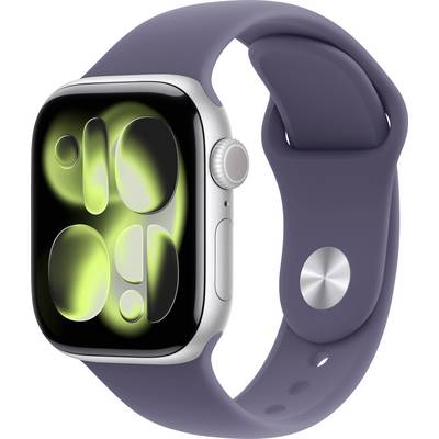 Eine Smartwatch mit einem silbernen Gehäuse und einem lila Band zeigt ein lebendiges grün-schwarzes abstraktes Muster auf seinem Bildschirm.