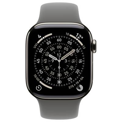 Eine Smartwatch mit einem analogen Zifferblatt, das zwei Zeitzonen, Datums-Anzeigen und Aktivitätsringe zeigt, ausgestattet mit einem grauen Armband.