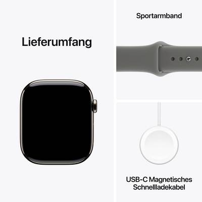 Lieferumfang einer Smartwatch mit Sportarmband und USB-C Magnetisches Schnellladekabel abgebildet.