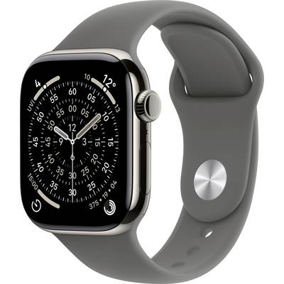 Smartwatch mit einem eleganten grauen Armband, das eine analoge Zifferblattanzeige mit Zahlen und Zifferblattskalen zeigt.