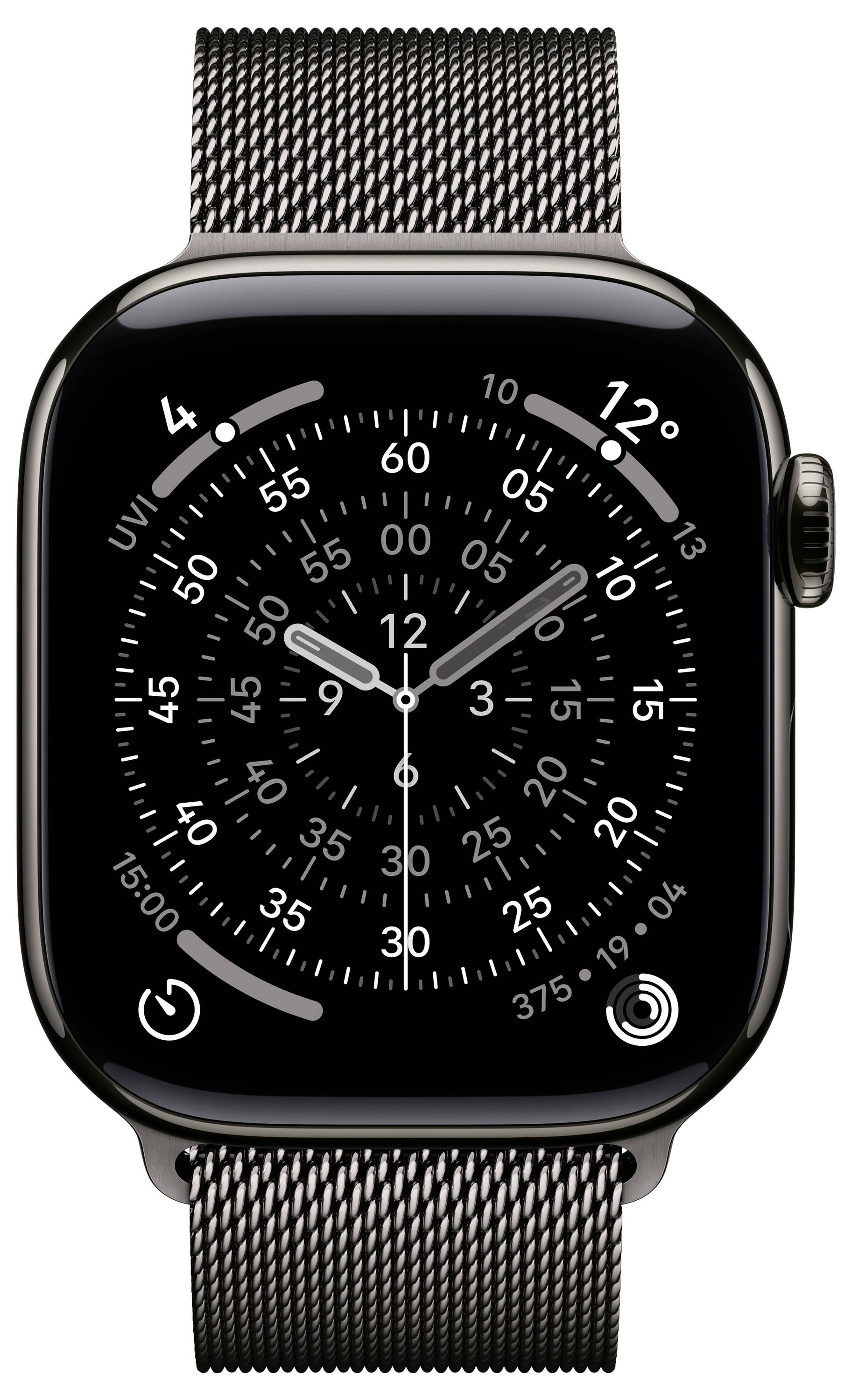 Eine Smartwatch mit einem kreisförmigen Zifferblatt und Zahlen, die die Uhrzeit anzeigt, mit einem schwarzen Metallgeflecht-Armband.