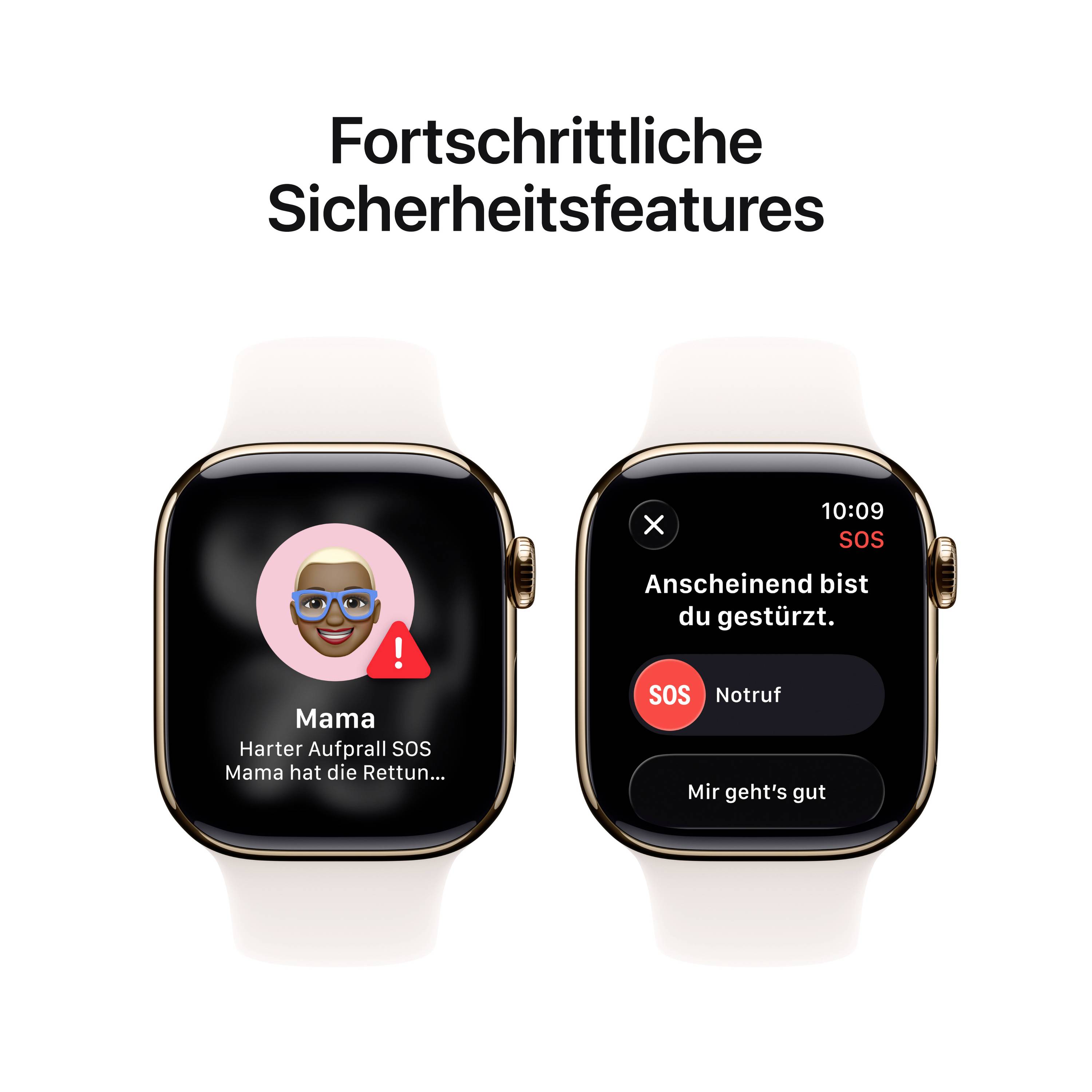 'Fortschrittliche Sicherheitsfeatures' auf einer Smartwatch-Anzeige. Links: SOS-Benachrichtigung an Kontakt. Rechts: Sturzalarm mit Optionen 'Notruf' oder 'Mir geht's gut'.