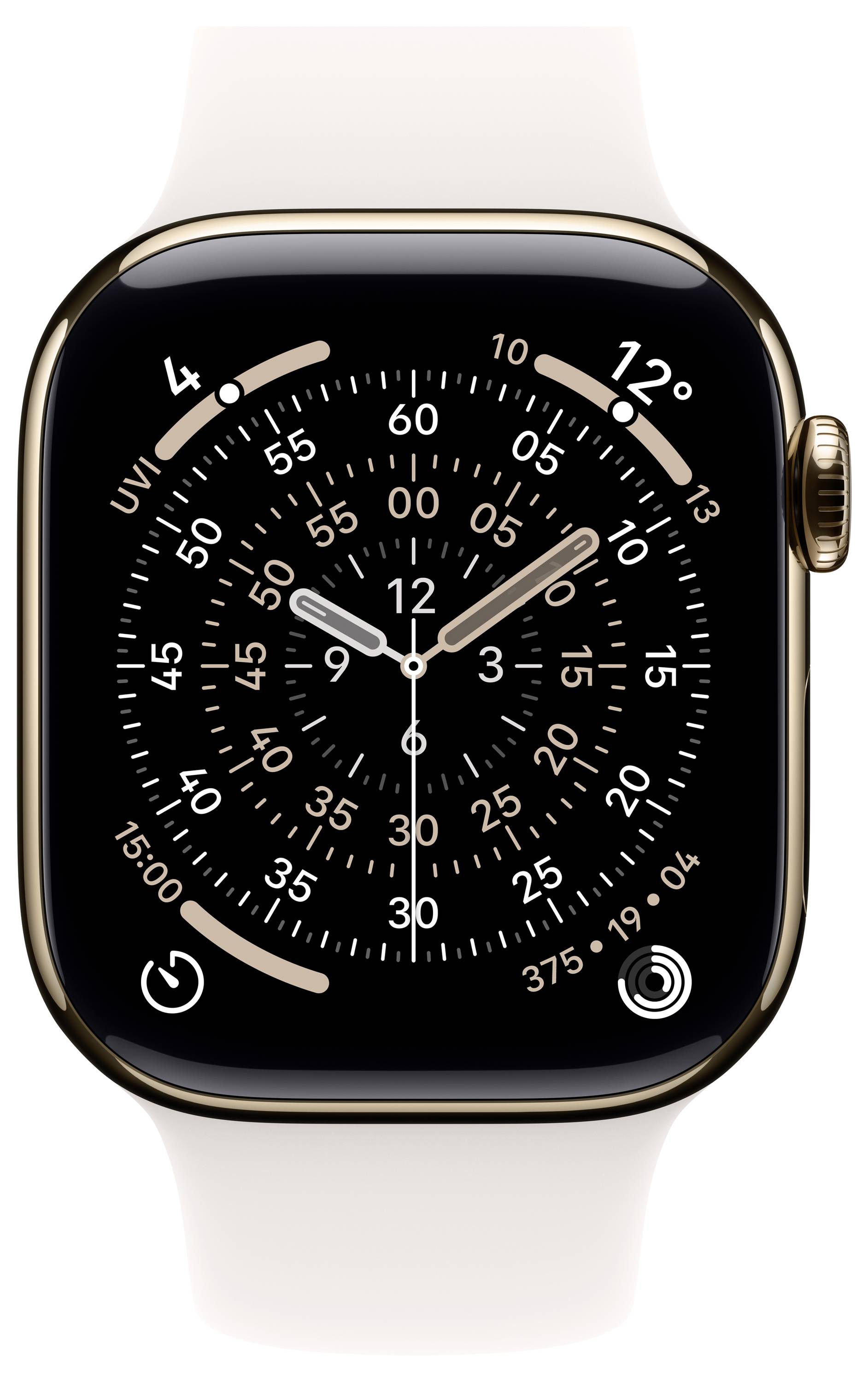 Eine Smartwatch mit rundem Zifferblatt, das eine analoge Zeitanzeige zeigt, umgeben von Aktivitätsringen und Symbolen, eingebettet in ein Gehäuse aus Gold.