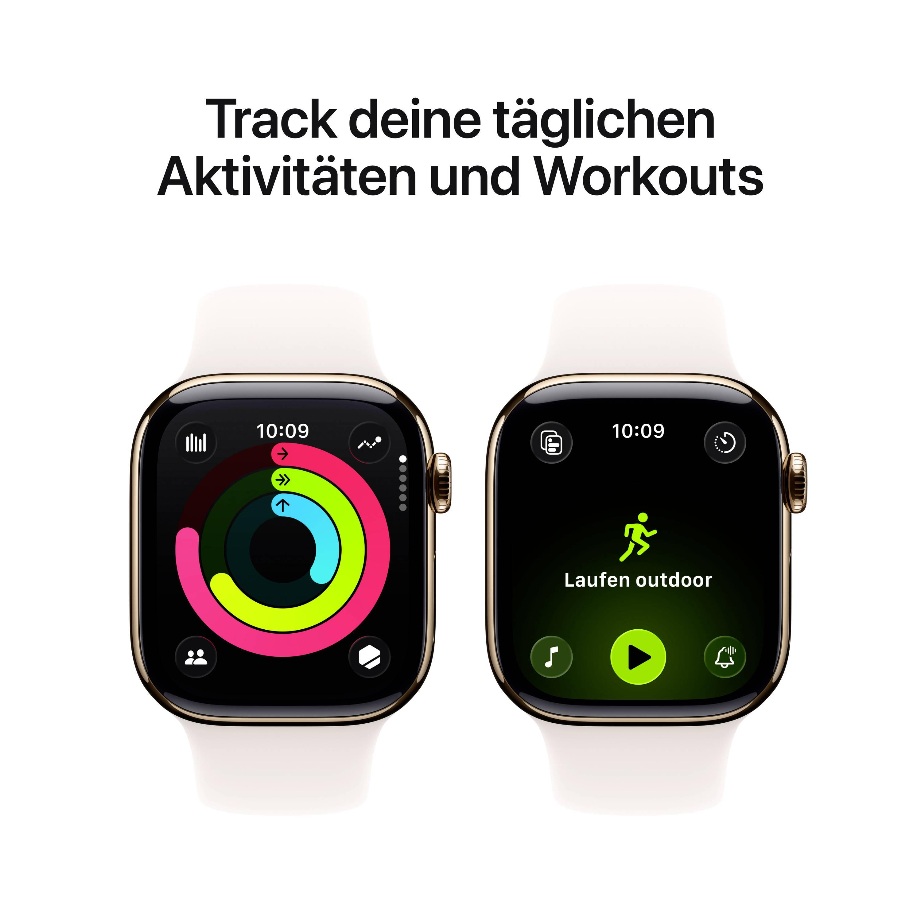 Zwei Smartwatches zeigen Aktivitätsringe und eine Outdoor-Lauf-App. Text: 'Track deine täglichen Aktivitäten und Workouts'.