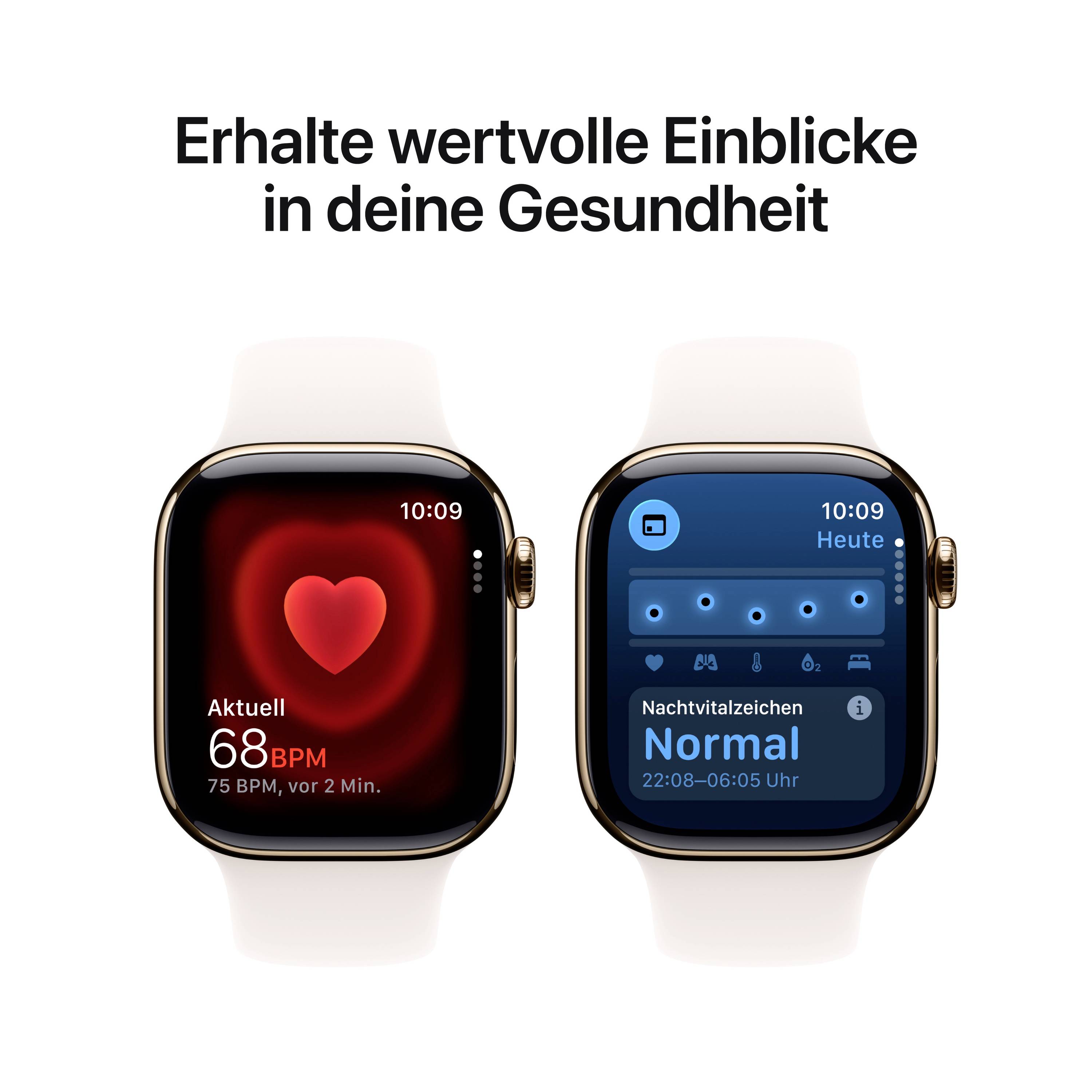 Zwei Smartwatch-Bildschirme zeigen Gesundheitsdaten: Herzfrequenz (68 BPM) und Schlafüberwachung ('Normaler' Nachtschlaf) an.