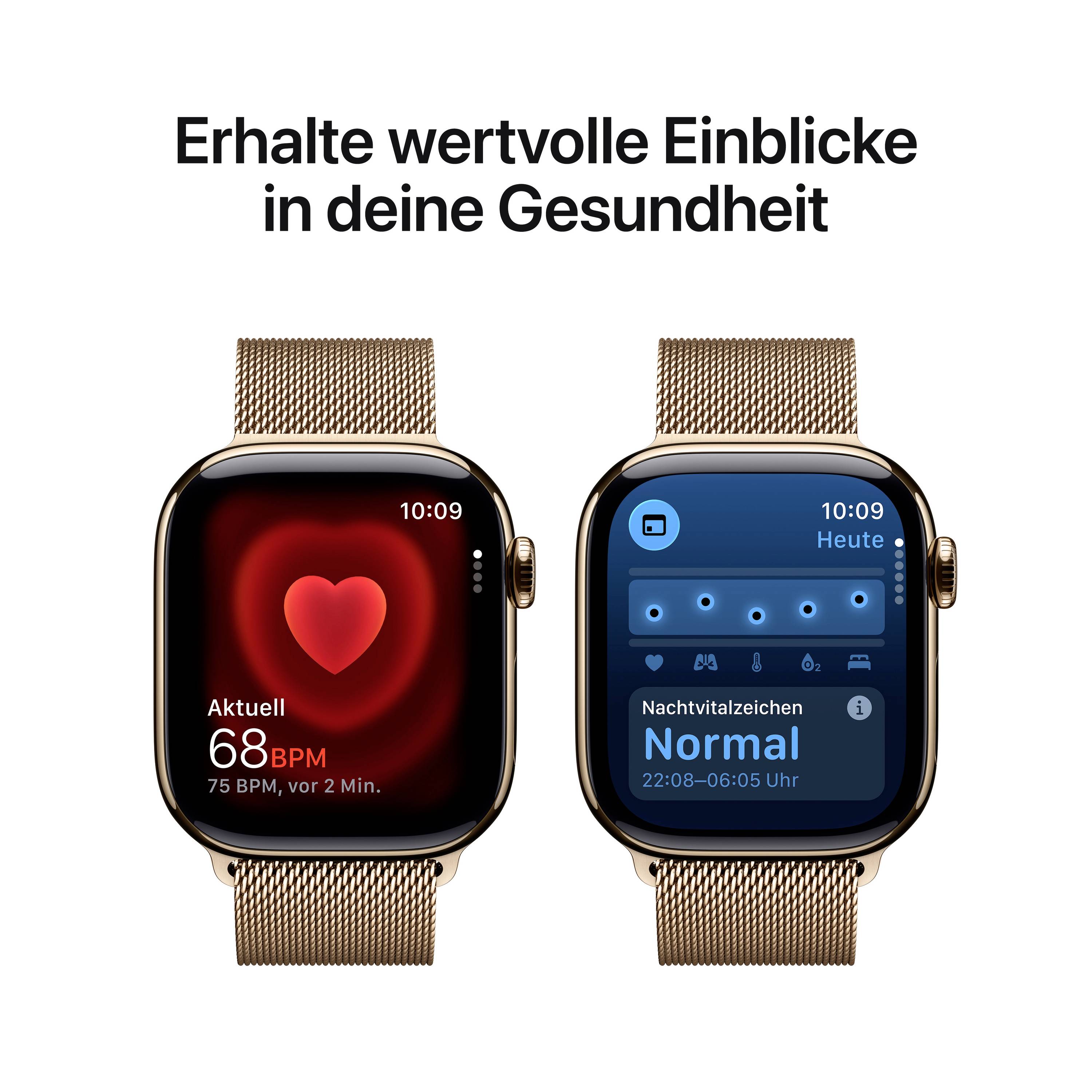 'Zwei Smartwatches zeigen Gesundheitsdaten: Herzfrequenz mit 68 BPM auf der linken Uhr und Schlafanalyse mit 'Normal' auf der rechten Uhr.'