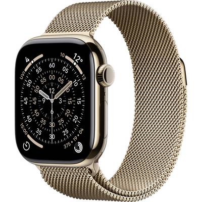 Eine goldene Smartwatch mit einem analogen Zifferblatt mit Zahlen und Zeigern. Die Uhr verfügt über ein passendes goldenes Mesharmband.