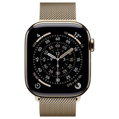 Goldene Smartwatch mit einem kreisförmigen Zifferblatt im analogen Stil, das die Uhrzeit anzeigt. Sie verfügt über ein Mesharmband und eine digitale Krone an der Seite.