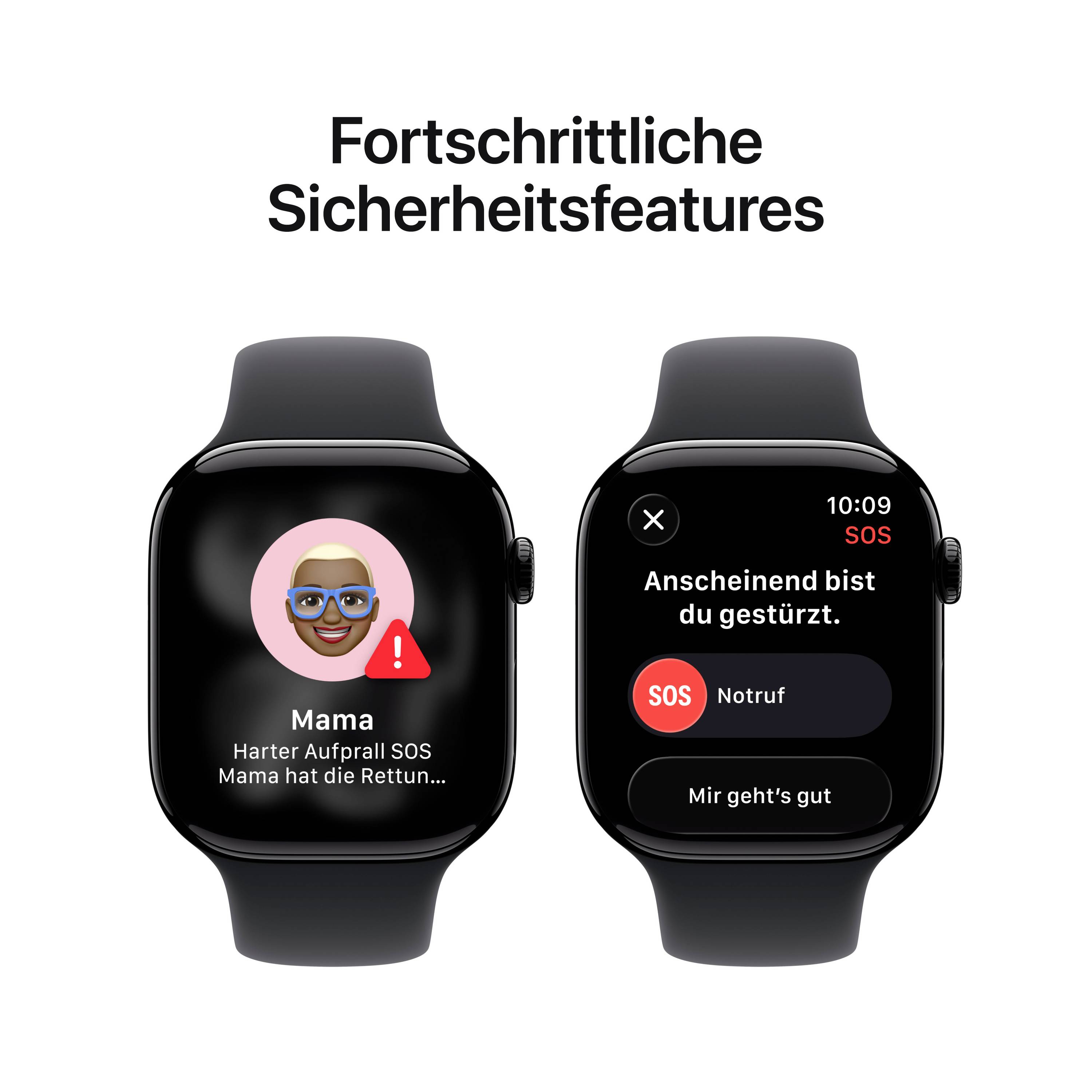 Zwei schwarze Smartwatches nebeneinander zeigen Sicherheitsfeatures. Links: Kontaktmeldung an 'Mama'. Rechts: SOS-Optionen bei Sturz.