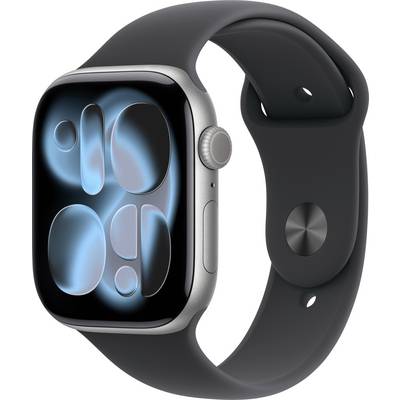 Eine Smartwatch mit einem schwarzen Armband, die eine futuristische blau-schwarze abstrakte Grafik auf dem Bildschirm zeigt.