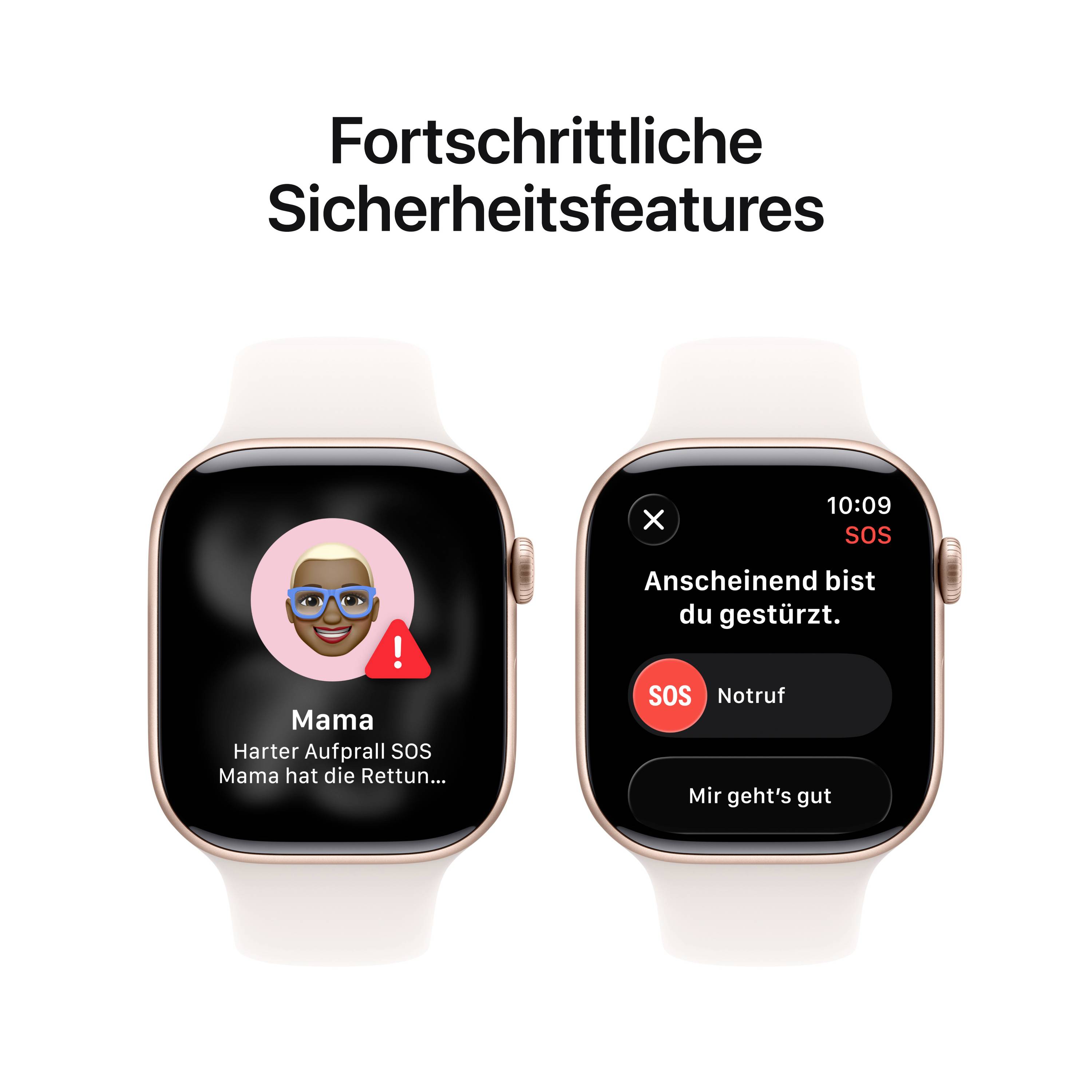 Zwei Smartwatch-Displays zeigen Sicherheitsfunktionen: Links ein SOS-Alarm für 'Mama', rechts Optionen für SOS oder 'Mir geht's gut'.