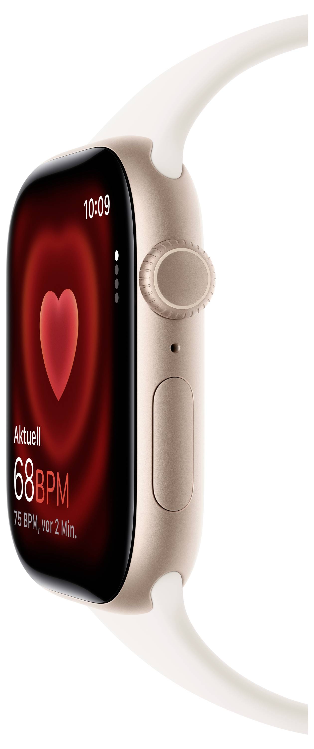 Eine Smartwatch zeigt ein rotes Herzsymbol und den Text 'Aktuell 68 BPM, 75 BPM, vor 2 Min.' zur Anzeige von Herzfrequenzinformationen.