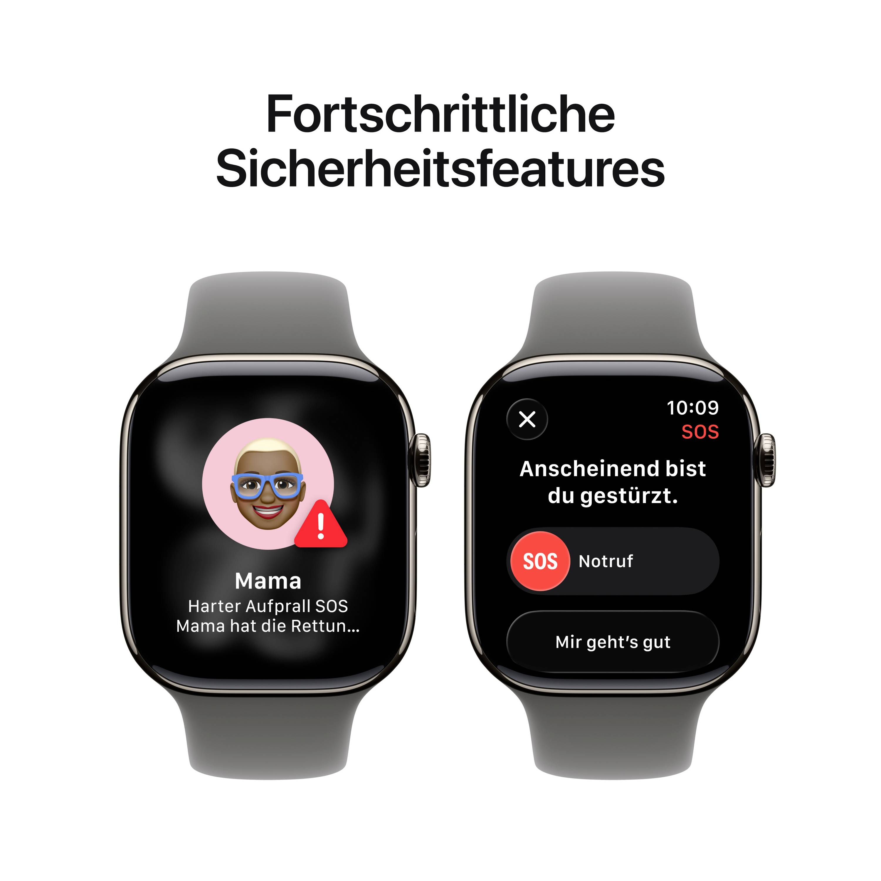 Zwei Smartwatch-Zifferblätter zeigen Sicherheitsfeatures: links, Notfallkontakt 'Mama'; rechts, Sturzerkennung mit SOS-Option.