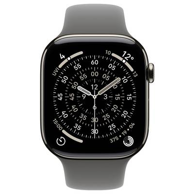 Eine digitale Smartwatch zeigt ein analoges Zifferblatt mit Ziffern, Fünf-Minuten-Markierungen und zwei Uhrzeigern. Das Datum zeigt '04 10.'
