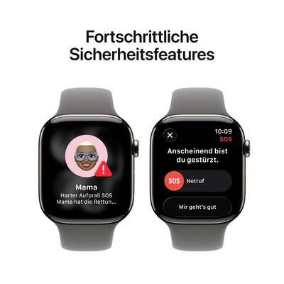 Zwei Smartwatches zeigen 'Fortschrittliche Sicherheitsfeatures' an. Eine Uhr zeigt einen SOS-Kontaktalarm, die andere einen Notrufbildschirm.