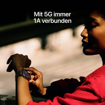 Mensch mit roter Kleidung blickt nach rechts, stützt Kopf auf Hand. Text: 'Mit 5G immer 1A verbunden'.