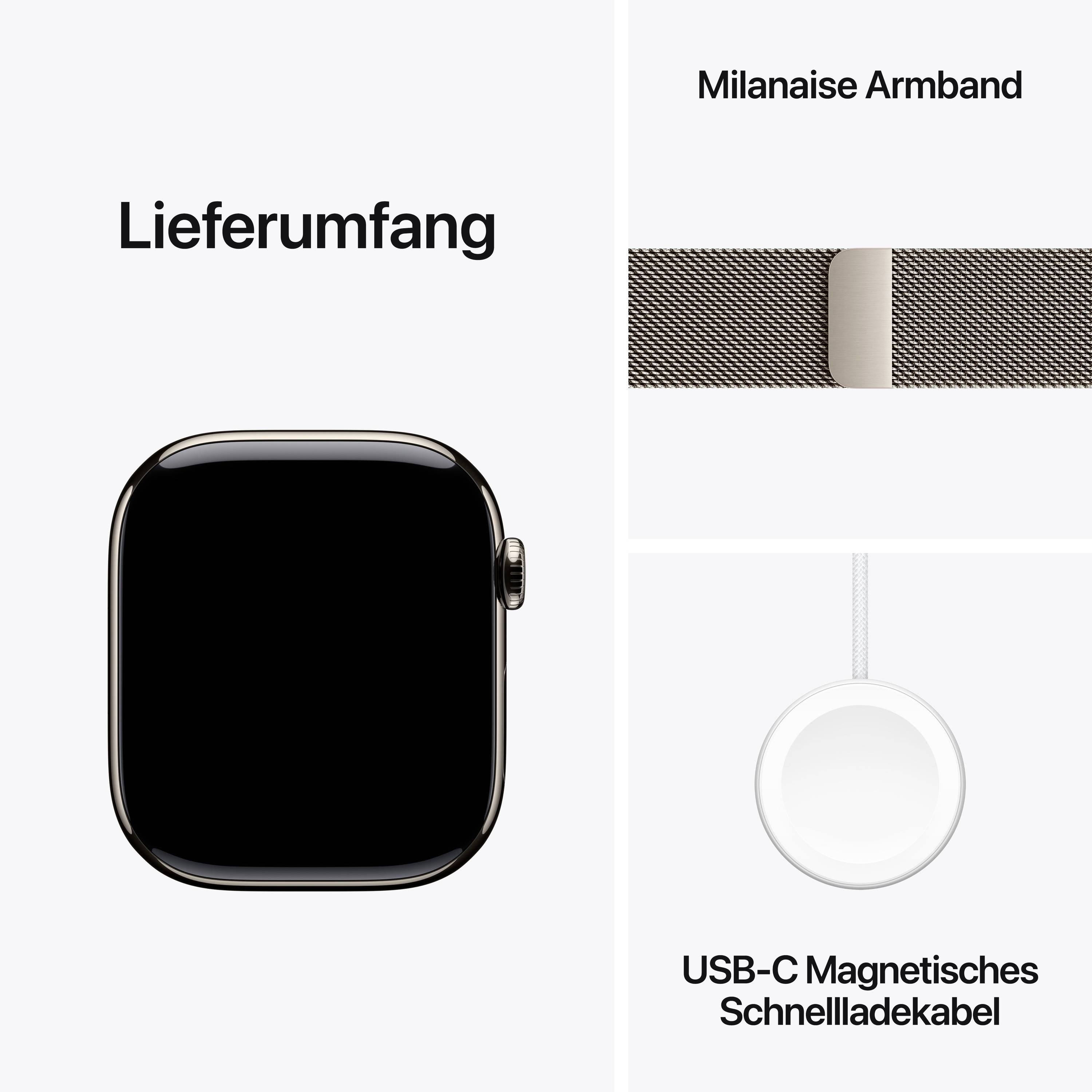 'Lieferumfang' zeigt eine Smartwatch, ein Milanaise Armband und ein USB-C Magnetisches Schnellladekabel.