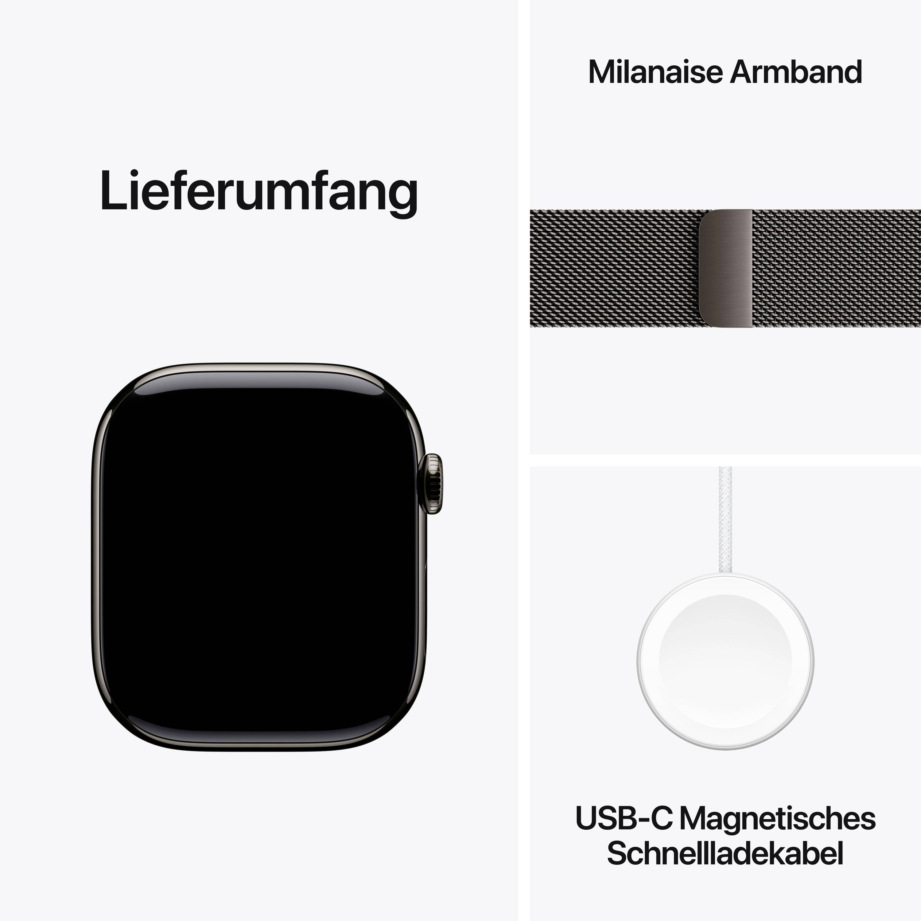 Lieferumfang zeigt eine Smartwatch, ein USB-C magnetisches Schnellladekabel und ein Milanaise Armband.