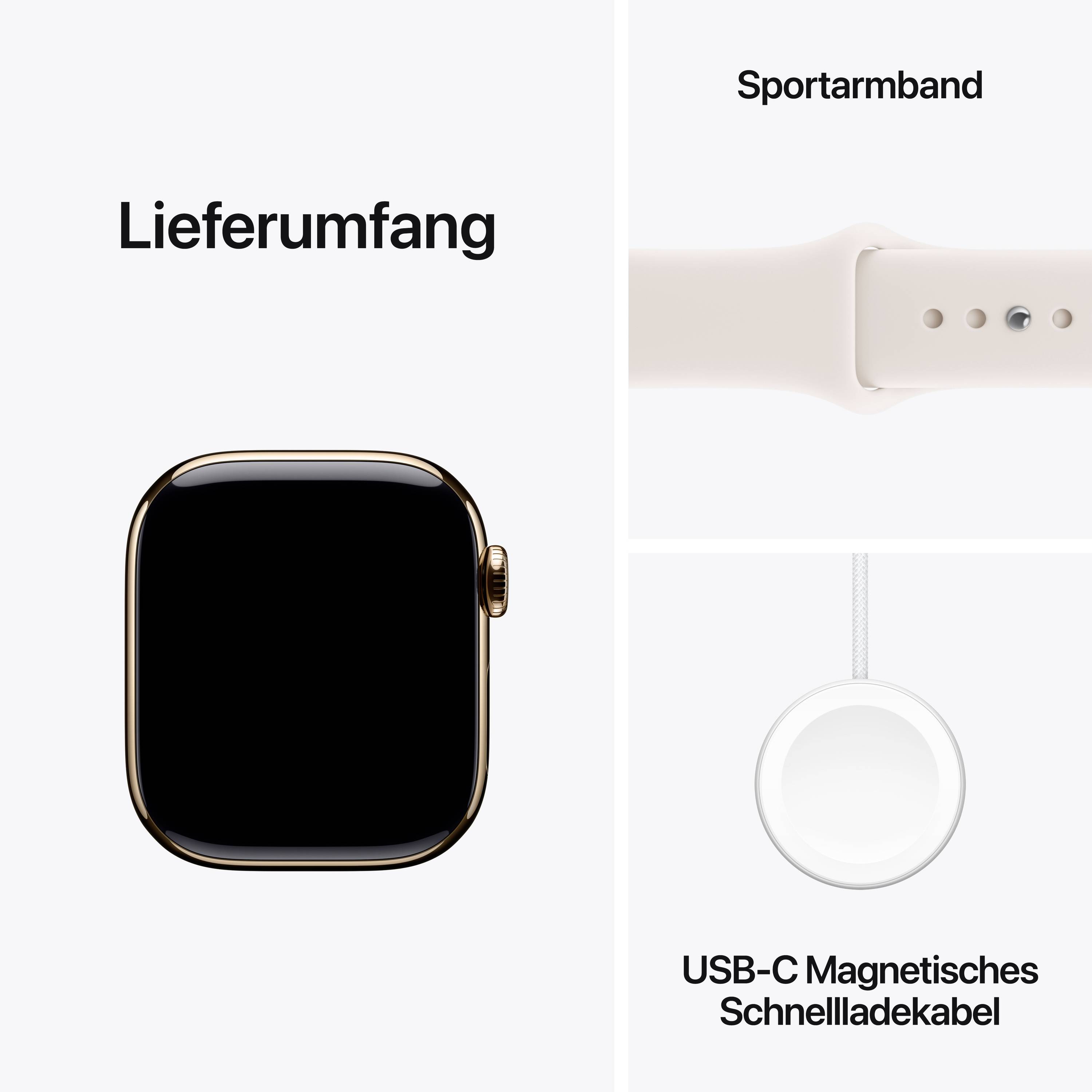 'Lieferumfang' zeigt eine Smartwatch mit Sportarmband und einem USB-C Magnetisches Schnellladekabel.