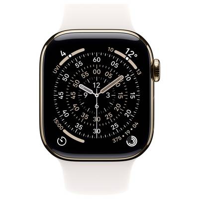 Eine Smartwatch mit einem analogen Zifferblatt, das mehrere Ziffernblätter für Zeitzonen, Aktivitätsringe, Kalenderdatum und andere zeitbezogene Funktionen zeigt.