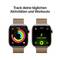 Zwei Smartwatch-Bildschirme zeigen Fitnessdaten. Links: Aktivitätsringe und Uhrzeit. Rechts: 'Laufen outdoor' mit grünem Lauf-Icon. Text oben: 'Track deine täglichen Aktivitäten und Workouts'.