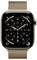 Eine Smartwatch mit einem goldenen Mesharmband zeigt ein kreisförmiges Display mit Uhrzeit und UV-Index. Am unteren Bildschirmrand befinden sich App-Symbole.