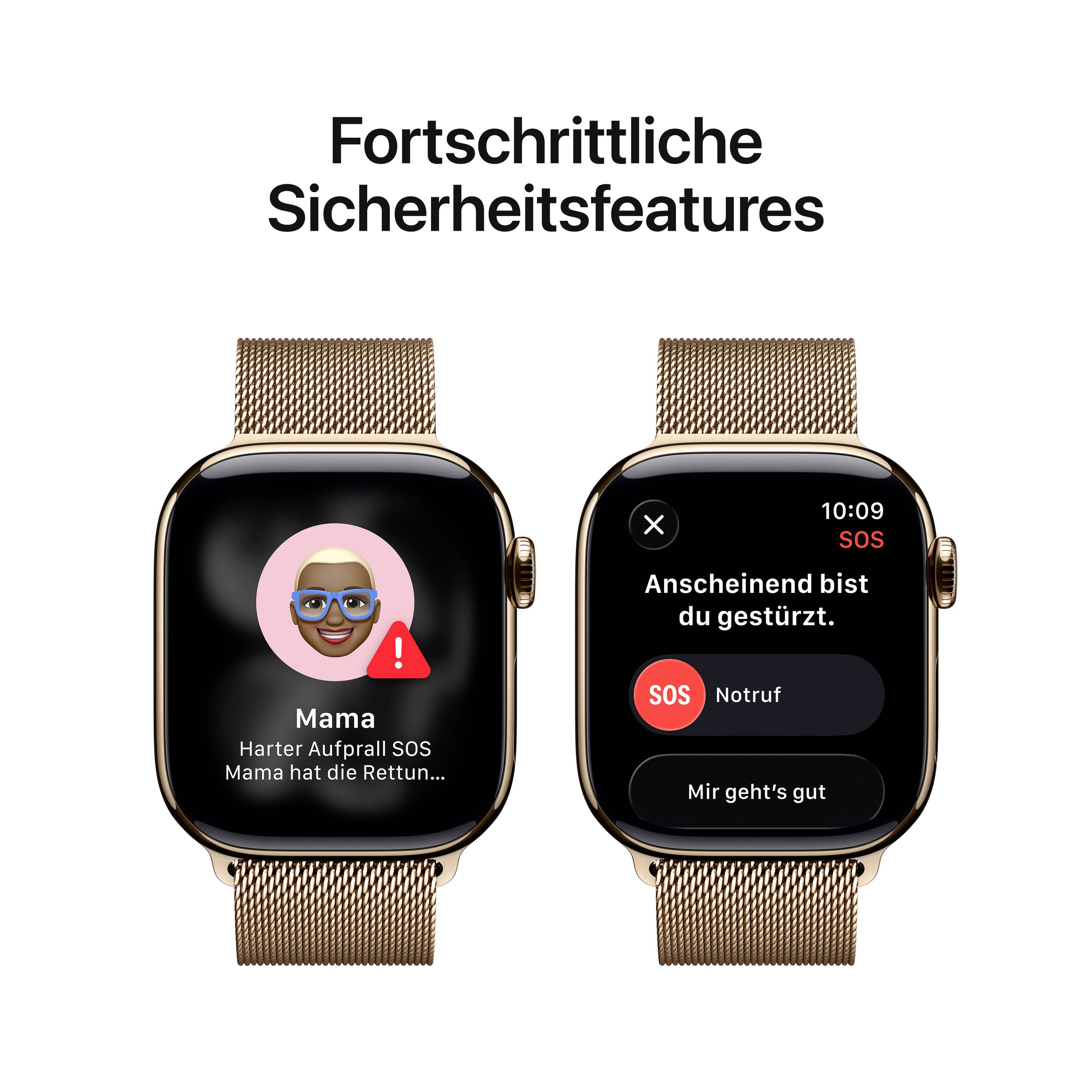 Zwei Smartwatches zeigen Sicherheitsbenachrichtigungen. Links: 'Mama Harter Aufprall SOS.' Rechts: 'Anscheinend bist du gestürzt.'