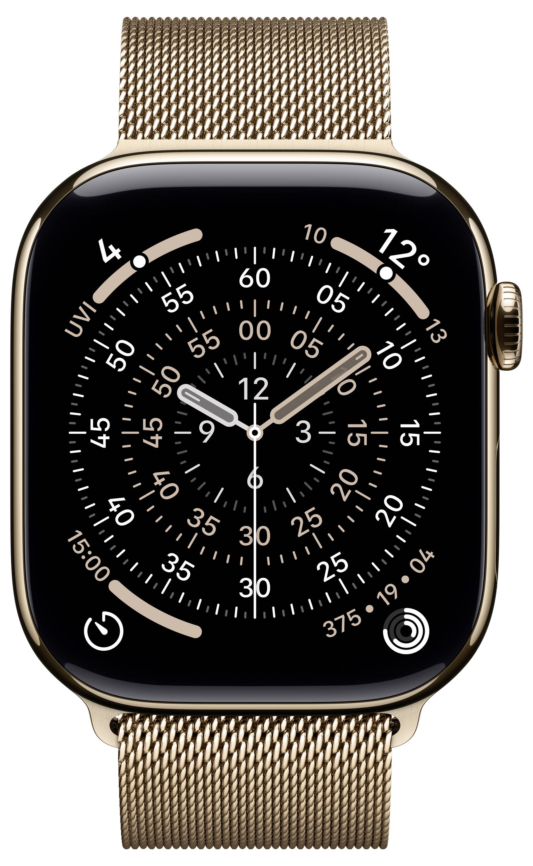 Eine Smartwatch mit einem goldenen Meshband, die eine analoge Zeitanzeige, Aktivitätsringe, UV-Index und Temperatur auf ihrem Bildschirm zeigt.