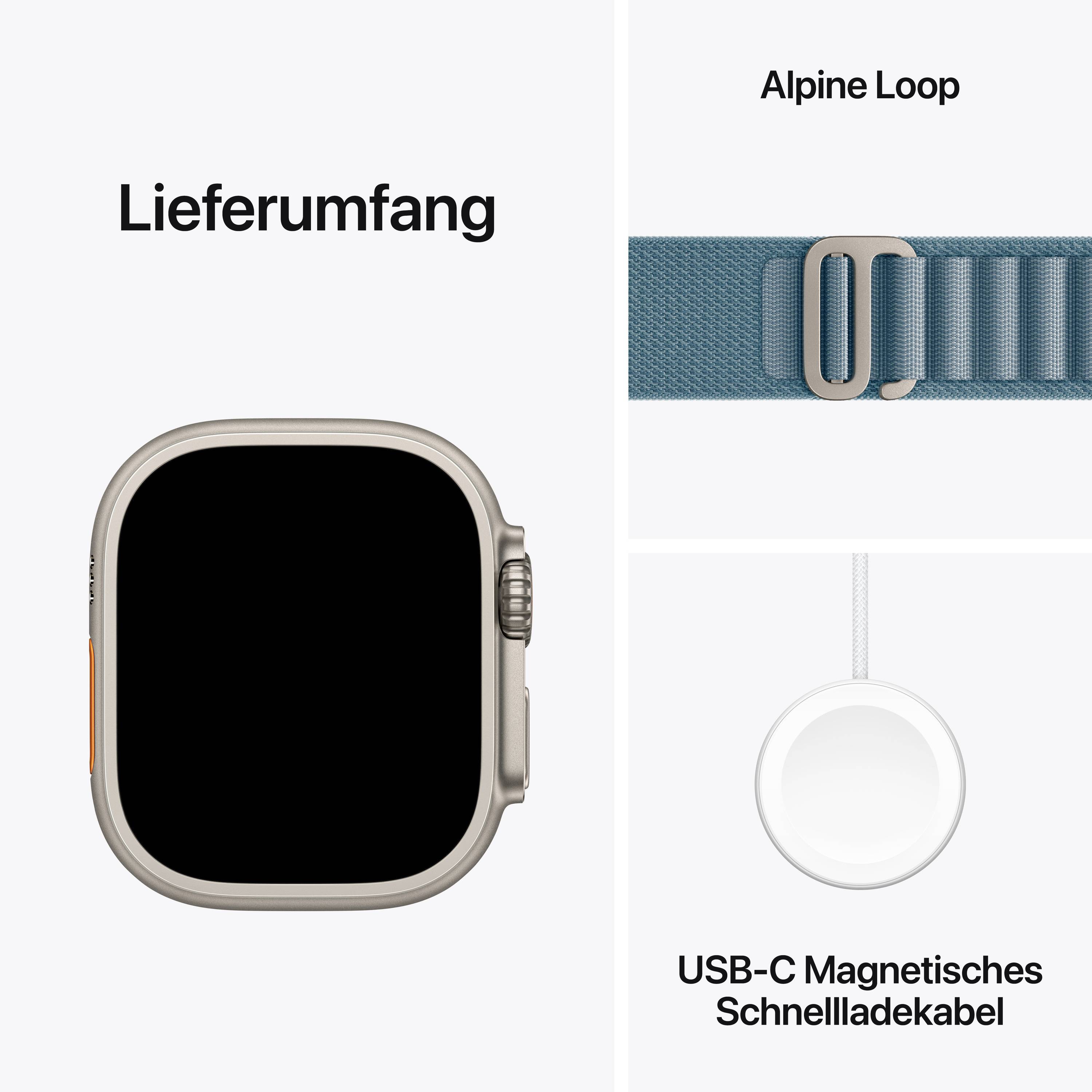 'Lieferumfang: Smartwatch mit Alpine Loop Armband in Türkis und USB-C Magnetisches Schnellladekabel.'