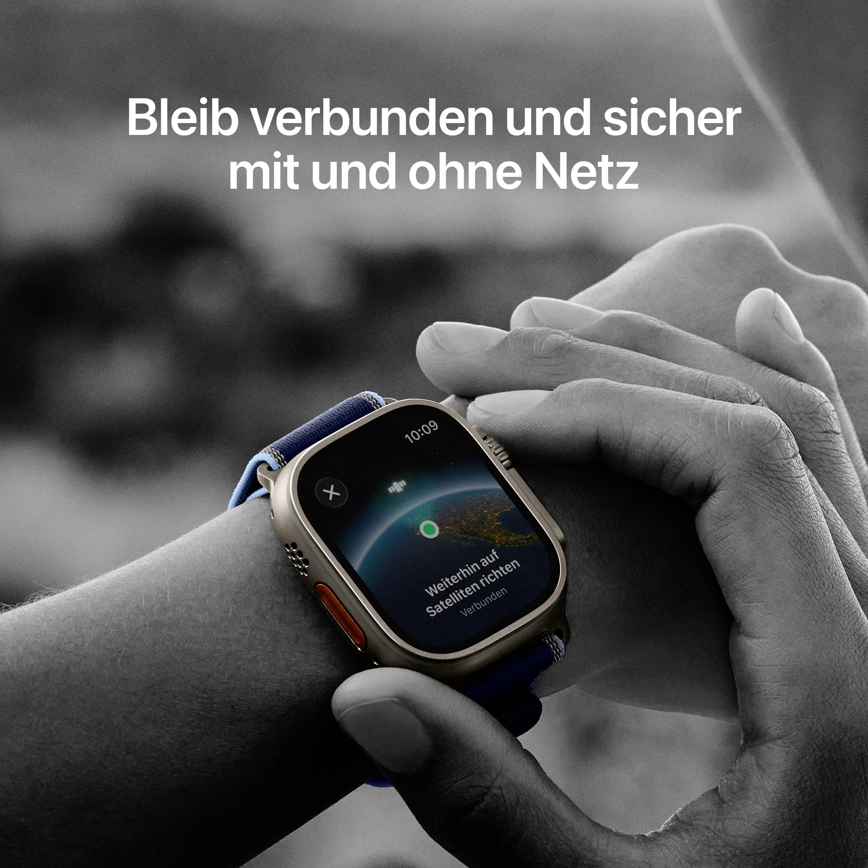 Eine Hand hält eine Smartwatch, die 'Weiterhin auf Satelliten nachrichten' anzeigt. Text oben: 'Bleib verbunden und sicher mit und ohne Netz'.
