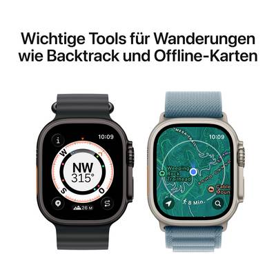Zwei Smartwatches zeigen Navigations-Tools für Wanderungen: Links ein Kompass, rechts eine Karte mit Route zu 'Weeping Rock Trailhead'.