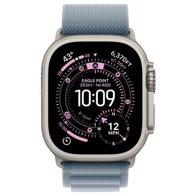 Smartwatch, der die Uhrzeit '10:09', die Höhe '6.370 FT' und die Windgeschwindigkeit '12 MPH' mit einer Fitness-Tracking-Benutzeroberfläche anzeigt.