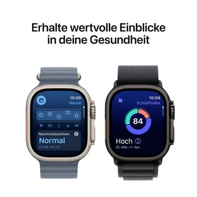 Zwei intelligente Uhren mit Bildschirmen, die Gesundheitsdaten anzeigen: 'Nachteilzeichen: Normal' und 'Schlafindex: Hoch (84)'.