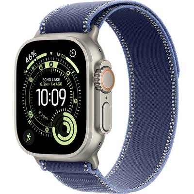 Eine Smartwatch mit einem blauen Stoffarmband zeigt ein digitales Display mit der Uhrzeit '10:09', einer Akkuleistung von 46% und dem Standort 'Echo Lake'.