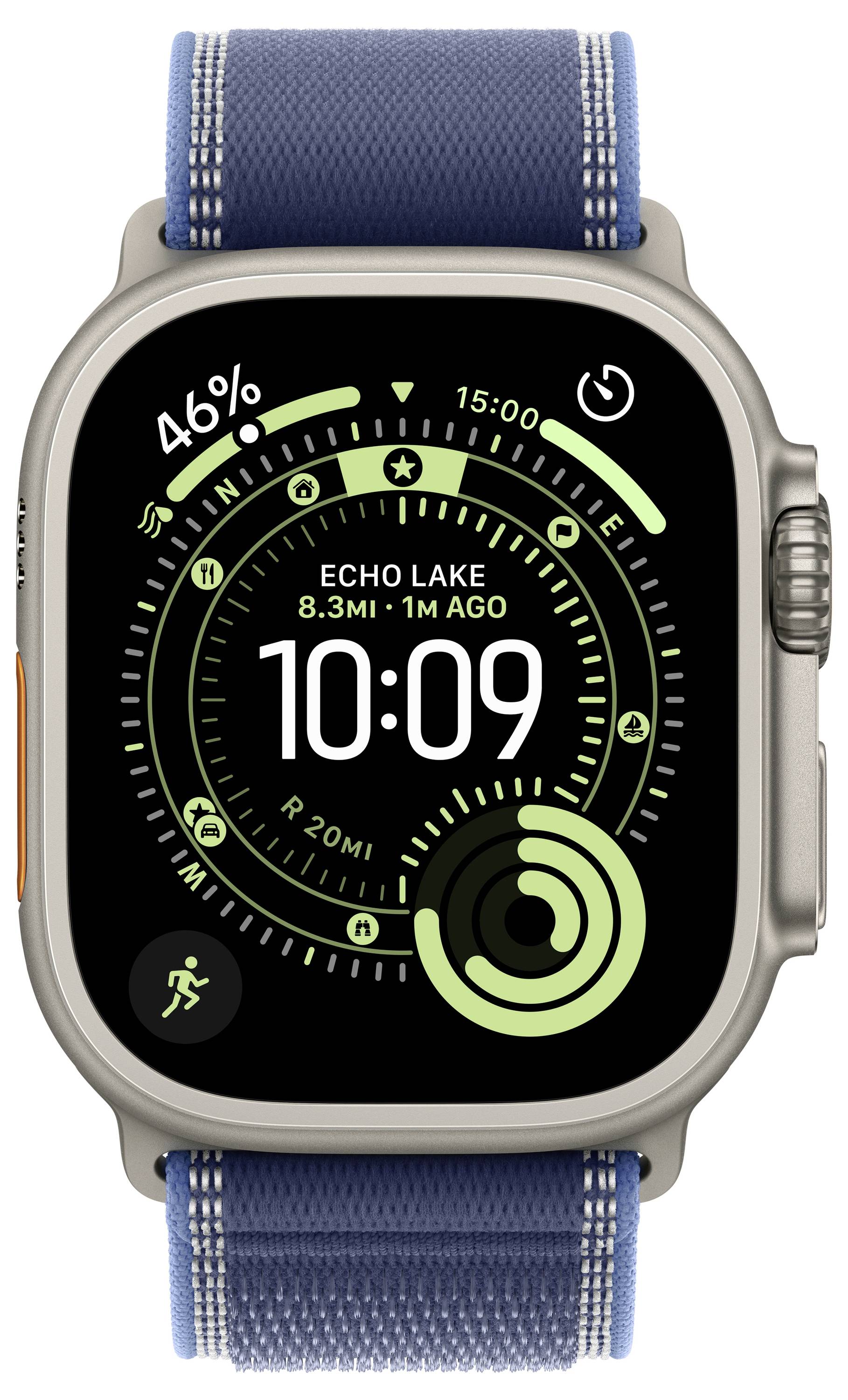 Eine Smartwatch-Anzeige, die die Uhrzeit als '10:09' zeigt, mit kreisförmigen Fitness-Metriken, 46% Akkuladung und einer Laufstrecke namens 'Echo Lake 8,3 km'.