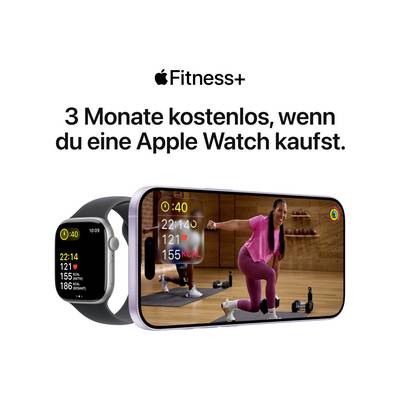 Apple Fitness+ Anzeige: "3 Monate kostenlos, wenn du eine Apple Watch kaufst." Zeigt eine Frau beim Training auf Monitor und Apple Watch.