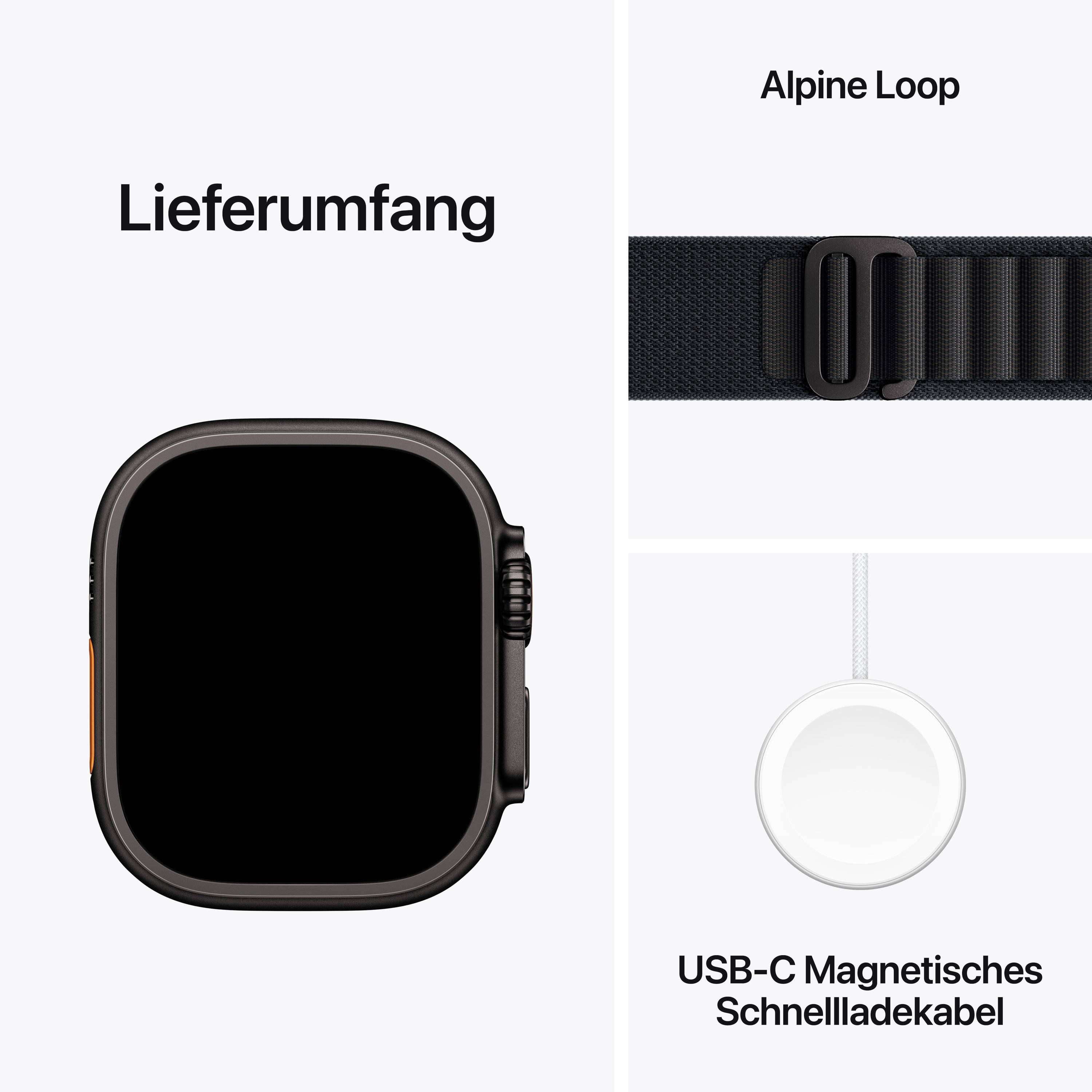 Lieferumfang einer Smartwatch mit einem Alpine Loop Armband und einem USB-C Magnetladekabel.