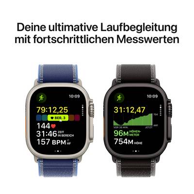 Zwei Smartwatches mit blauen und schwarzen Armbändern zeigen Laufdaten wie Herzfrequenz, Zeit und Distanz. Text: 'Deine ultimative Laufbegleitung mit fortschrittlichen Messwerten'.