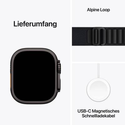 Lieferumfang eines Produkts: Eine Smartwatch mit einem Alpine Loop-Armband und ein USB-C Magnetisches Schnellladekabel.