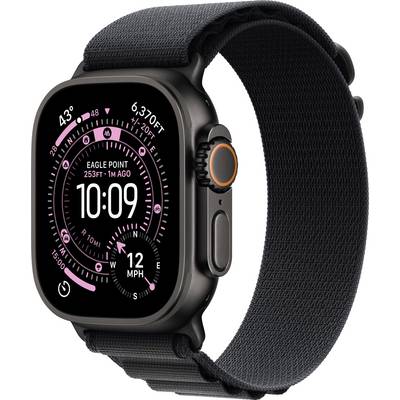 Eine Smartwatch, die Höhe, Geschwindigkeit und Richtung auf ihrem Display anzeigt, mit aktueller Zeitanzeige '10:09'. Ein schwarzes Nylonarmband ist befestigt.