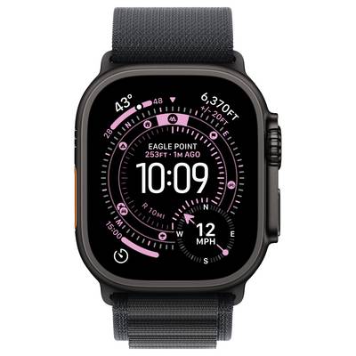 Eine Smartwatch, die die Uhrzeit '10:09', einen Herzfrequenzindikator, einen Höhenmesser '253FT' und die Geschwindigkeit '12 MPH' anzeigt. Die Benutzeroberfläche verfügt über rosa, kreisförmige Zifferblätter.