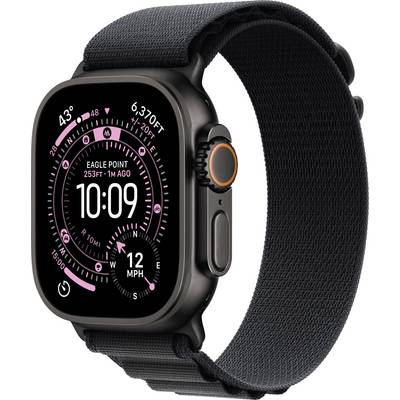 Eine Smartwatch, die Uhrzeit, Höhe, Kurs und Geschwindigkeit in Meilen pro Stunde anzeigt. Der Bildschirm zeigt 'Eagle Point, 25 ft, vor 1 Min.' Die Uhr hat ein Stoffarmband.