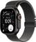 Eine schwarze Smartwatch, die die Uhrzeit '10:09' anzeigt, mit einem schwarzen Mesh-Armband. Der Bildschirm zeigt eine Uhr und andere digitale Messwerte.
