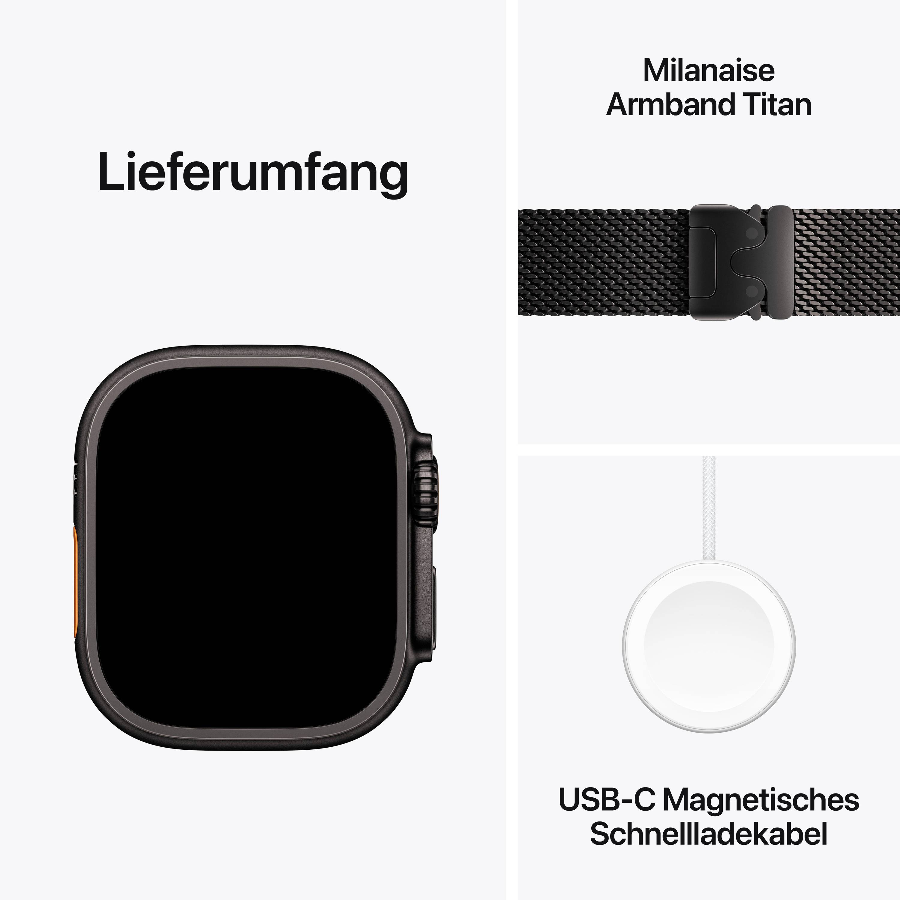 'Lieferumfang': Abbildung einer Smartwatch, einem Milanese Armband in Titan und einem USB-C Magnetisches Schnellladekabel.