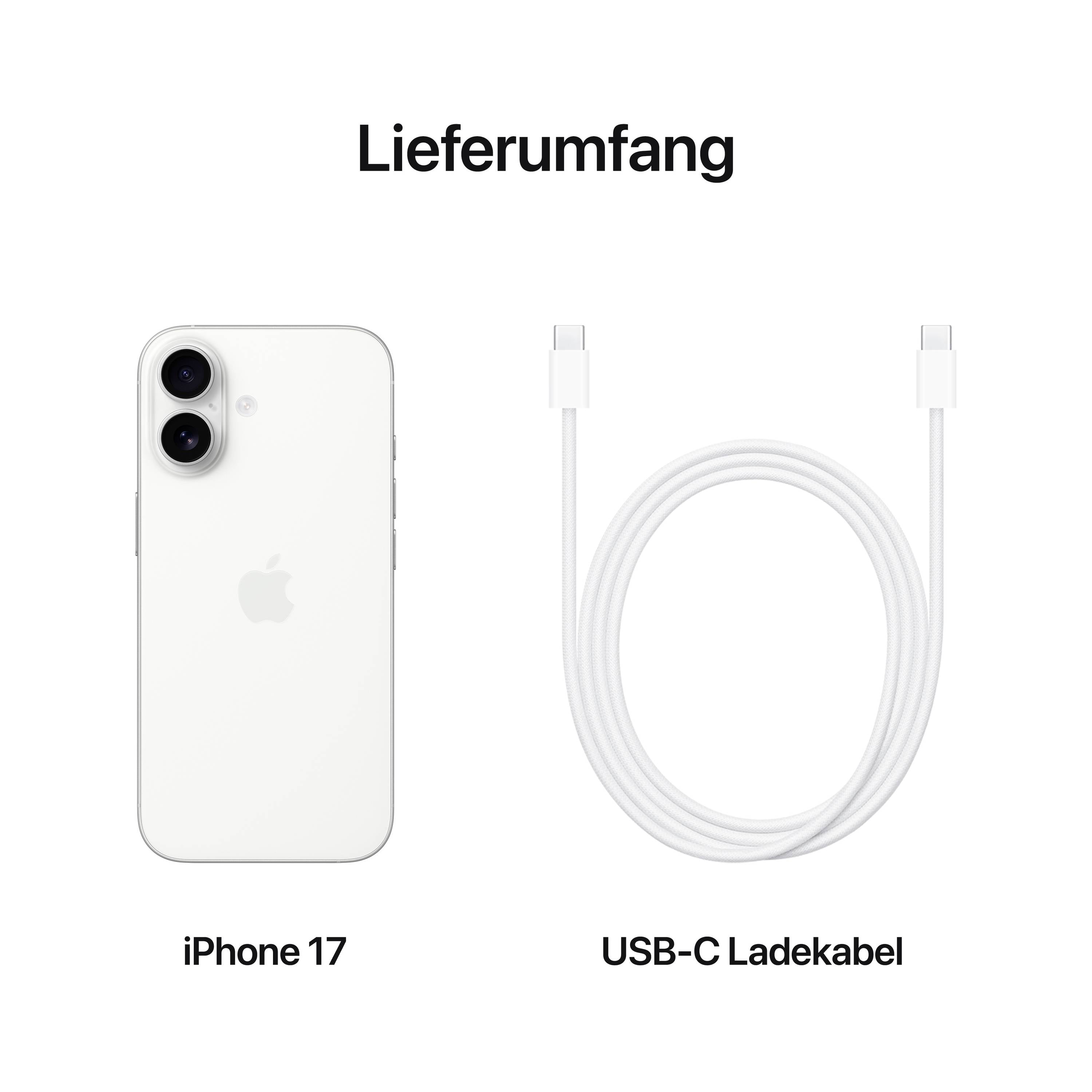 'Lieferumfang: iPhone 17 und USB-C Ladekabel nebeneinander dargestellt.'